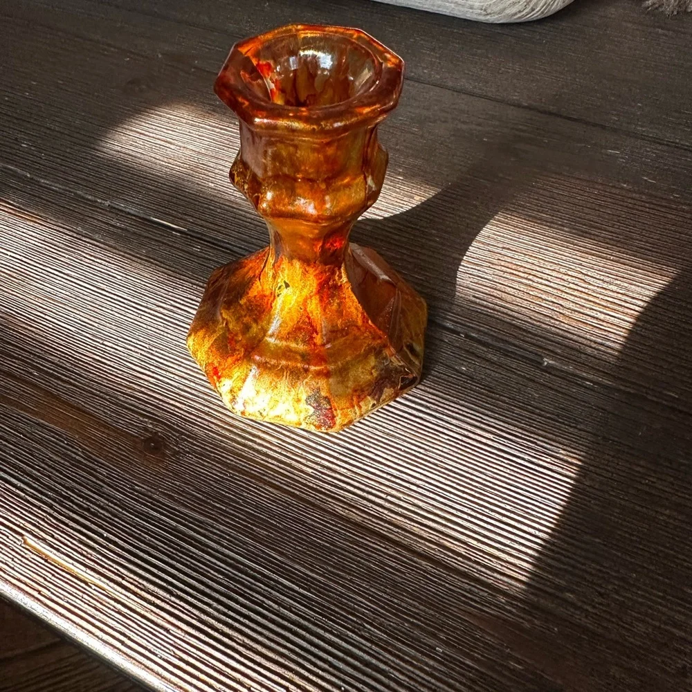 Hand crafted Amber hand painted Glass Candle Holder